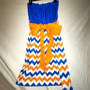 Game On! strapless dress. Orange & blue chevron
